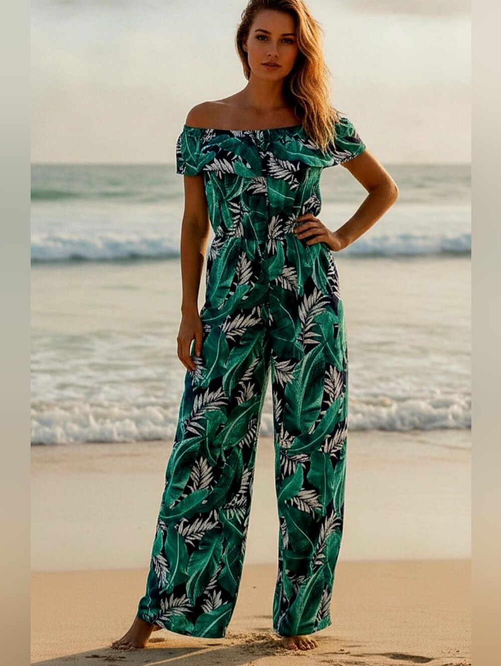 Jumpsuit features bold tropical green leaf print Off Shoulder Large
